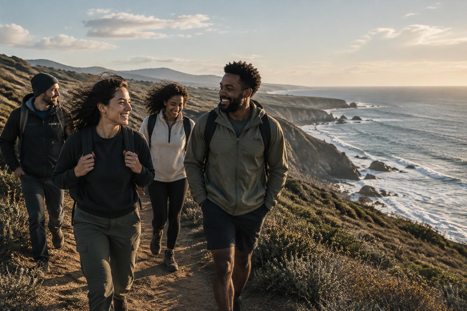 Friends walking together along a coastal trail