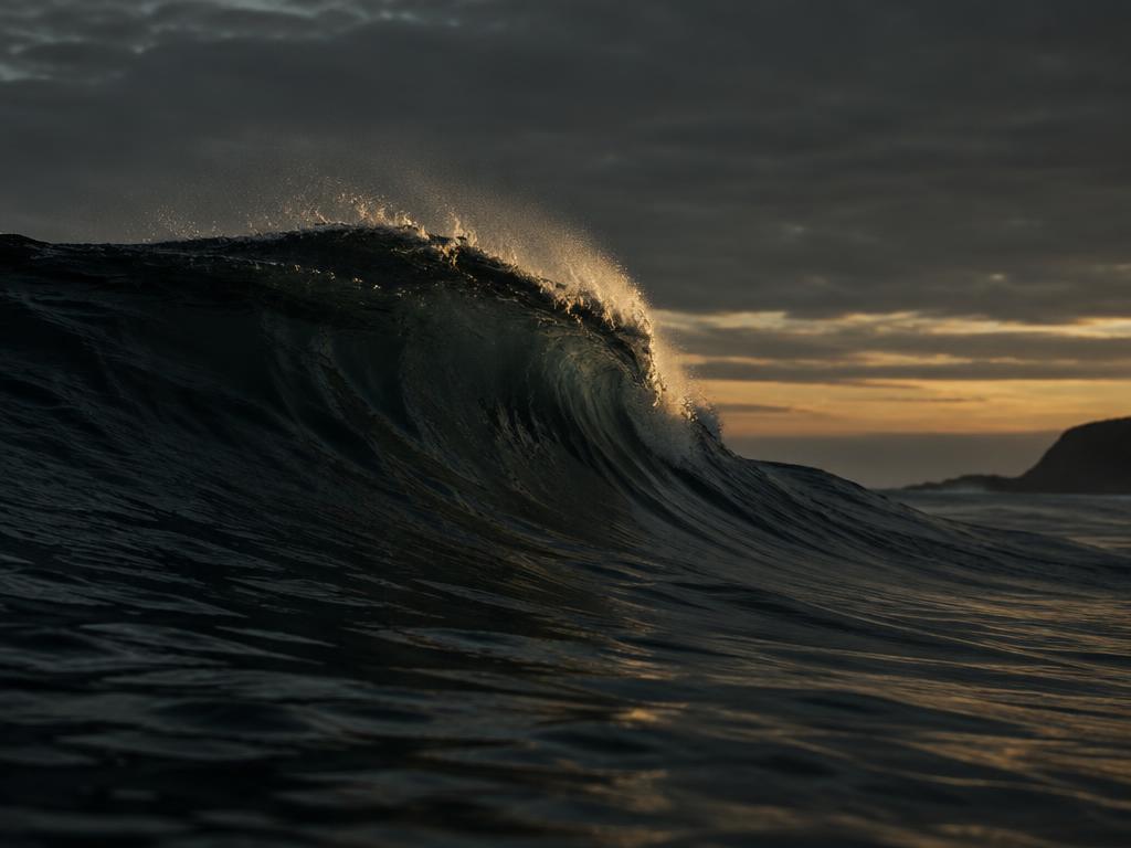 A dark ocean wave cresting at dusk